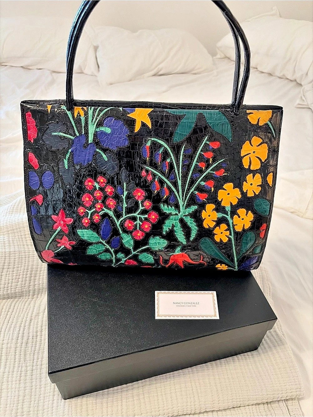 Nancy Gonzalez Crocodile Floral Applique Tote Black & Multicolor